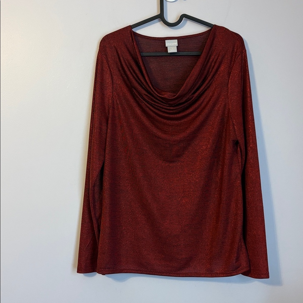 Chico’s Vintage Red Sparkly Draped Neckline Long Sleeve Blouse size 1 (M)